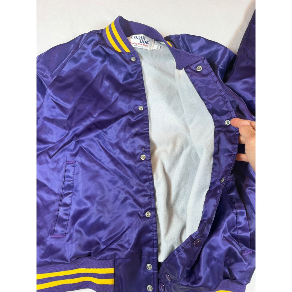 Vtg Chalk Line Los Angeles Lakers Satin Varsity Jacket Purple Sz L USA Run Small - Picture 7 of 11
